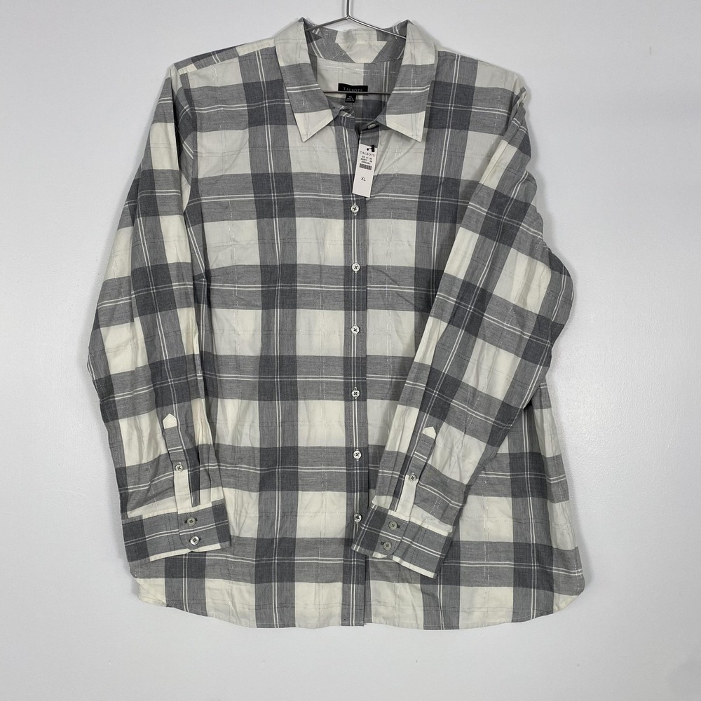 Talbots‎ Shirt Womens XL Gray White Plaid Button Front Long Sleeve Casual Top